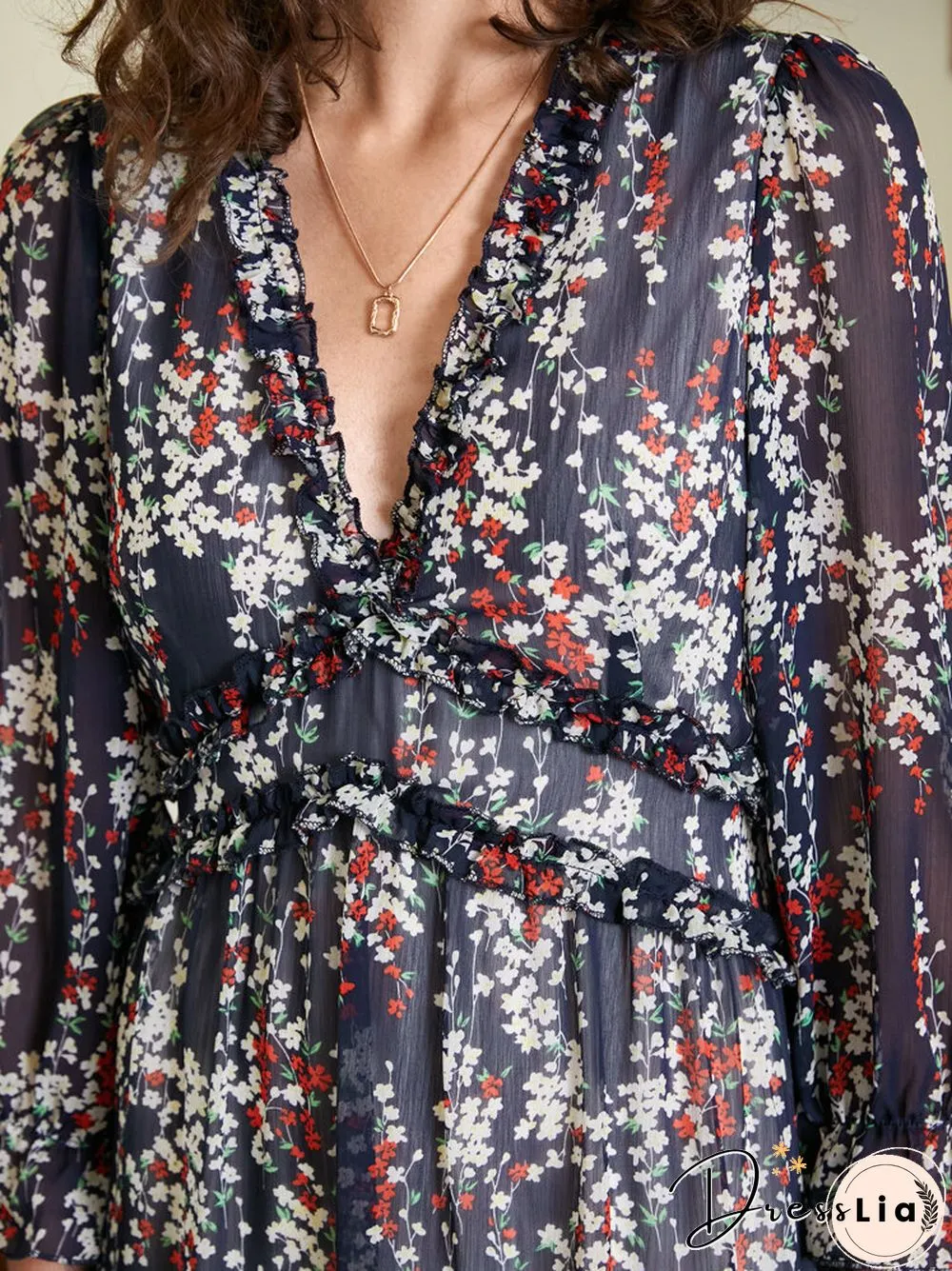 Floral Print Ruffle Long Sleeve V-neck Chiffon Dress