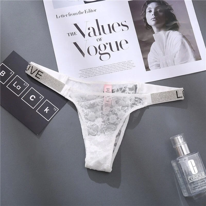 FINETOO Sexy Women Rhinestone Panties G-string Crystal Underwear Lace Pantys Femme Perspective Thong Letter Tanga Girl Lingerie