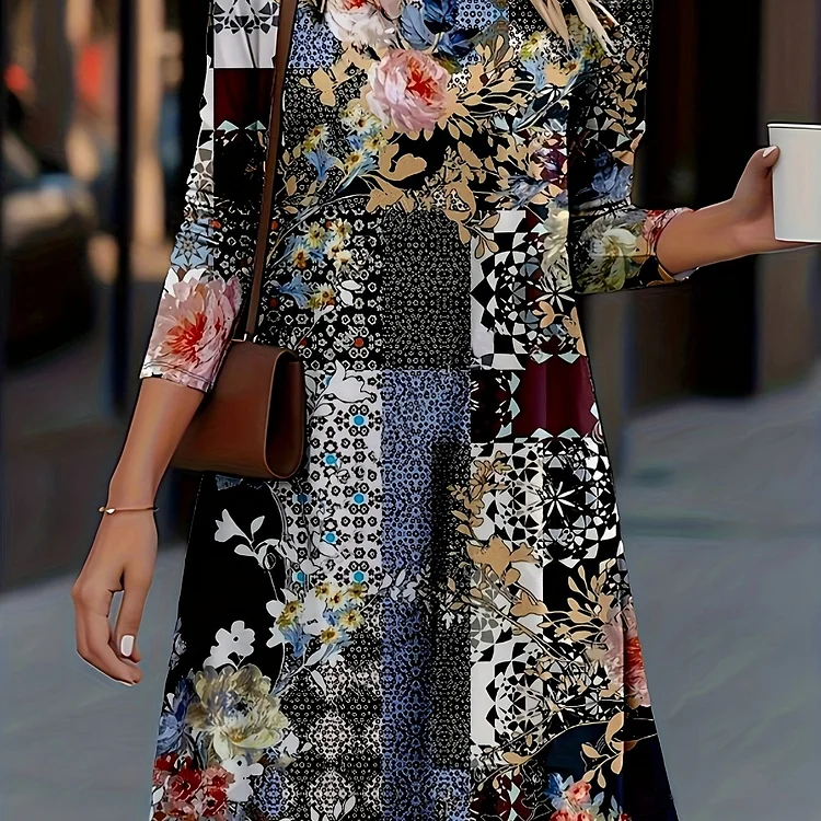 Plus Size Boho Dress, Women's Plus Patchwork Print Long Sleeve Round Neck Loose Fit Mini Dress