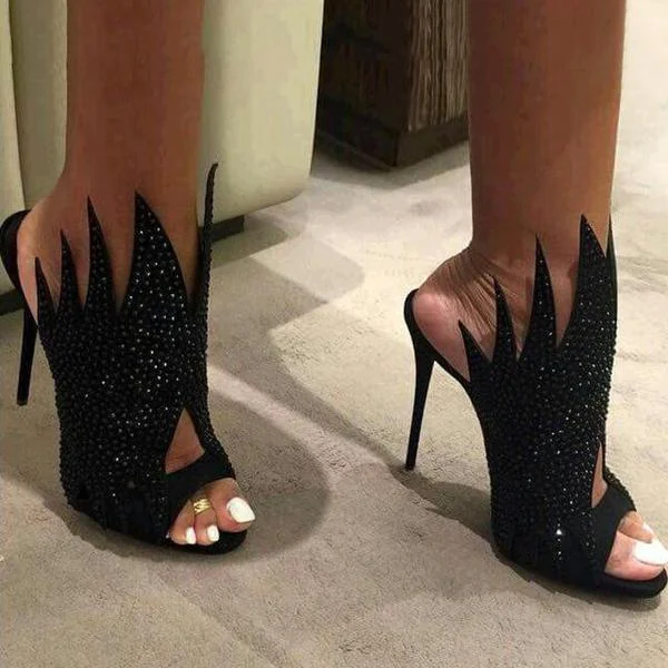 Women Crystal Irregular Cut Peep Toe Stiletto Hight Heels Sandals