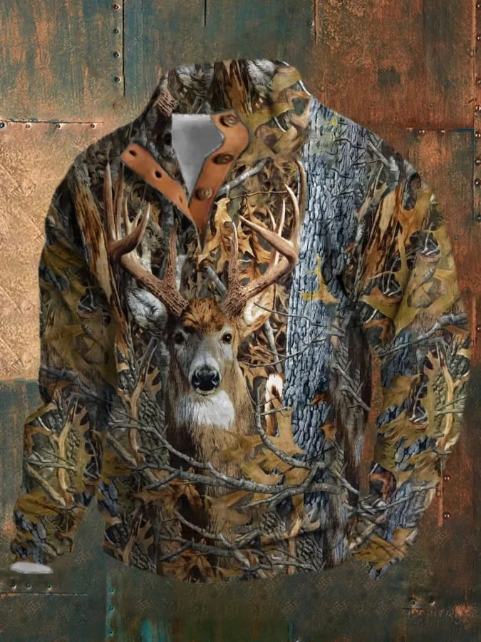 Men's Vintage Western Deer Print Button-Neck Sweatshirt