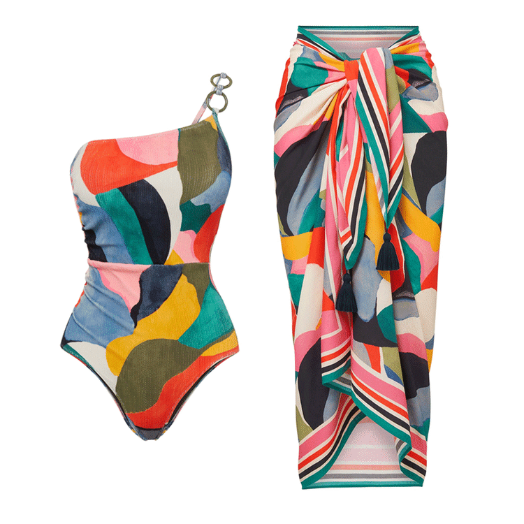 O Ring One Shoulder Printed One Piece Swimsuit and Sarong(Shipped on Feb 23rd)