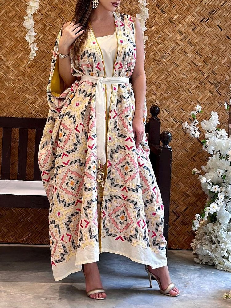 Geometric Pattern Sleeveless Corset Abaya