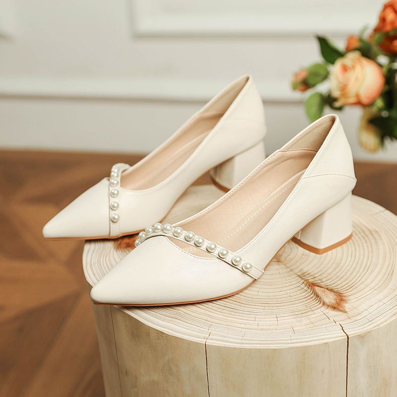 Wedding Beige Beaded Pointed Toe Chunky Heel Pumps 2024 - Flycurvy 