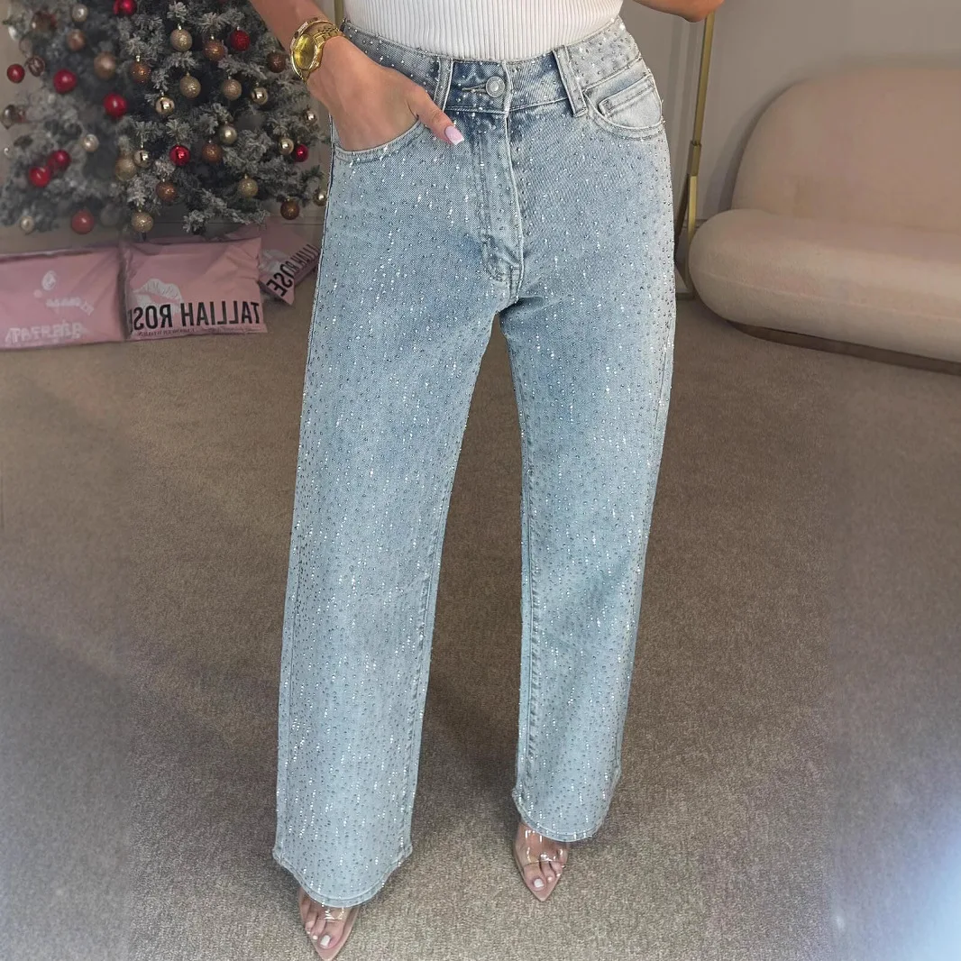 Y2K Style Womens Rhinestone Washed Denim Pants High Waist Straight Cut