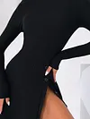 Solid Color Round-Neck Long Sleeve Split-Side Buttoned Simple Midi Dress