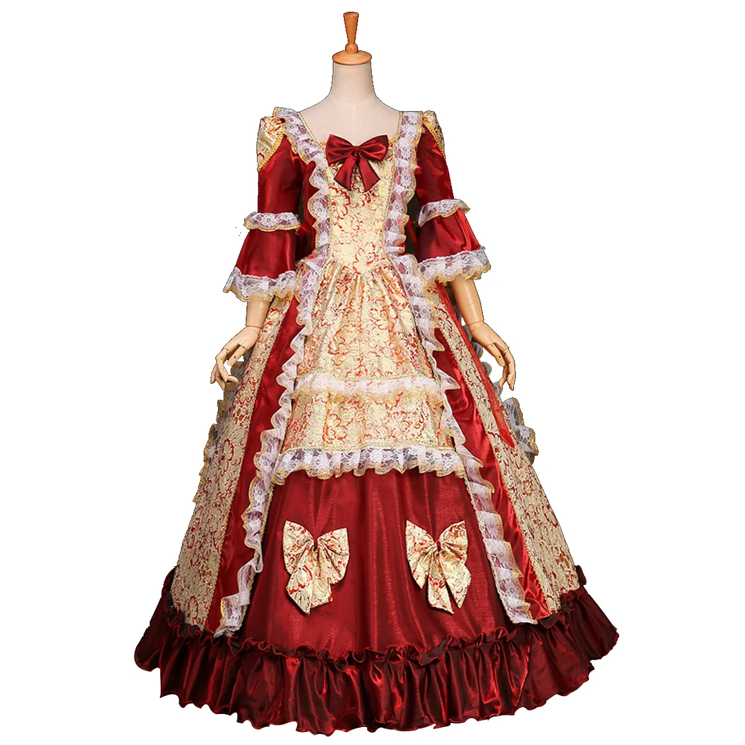 Marie Antoinette Costume Red Victorian Rococo Dress Flared Sleeves Bows and Ruffles Victorian Era Costume Novameme