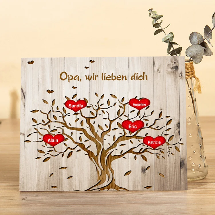 Holzrahmen - Personalisierter Text & 5 Namen Familienstammbaum Holzdekoration 