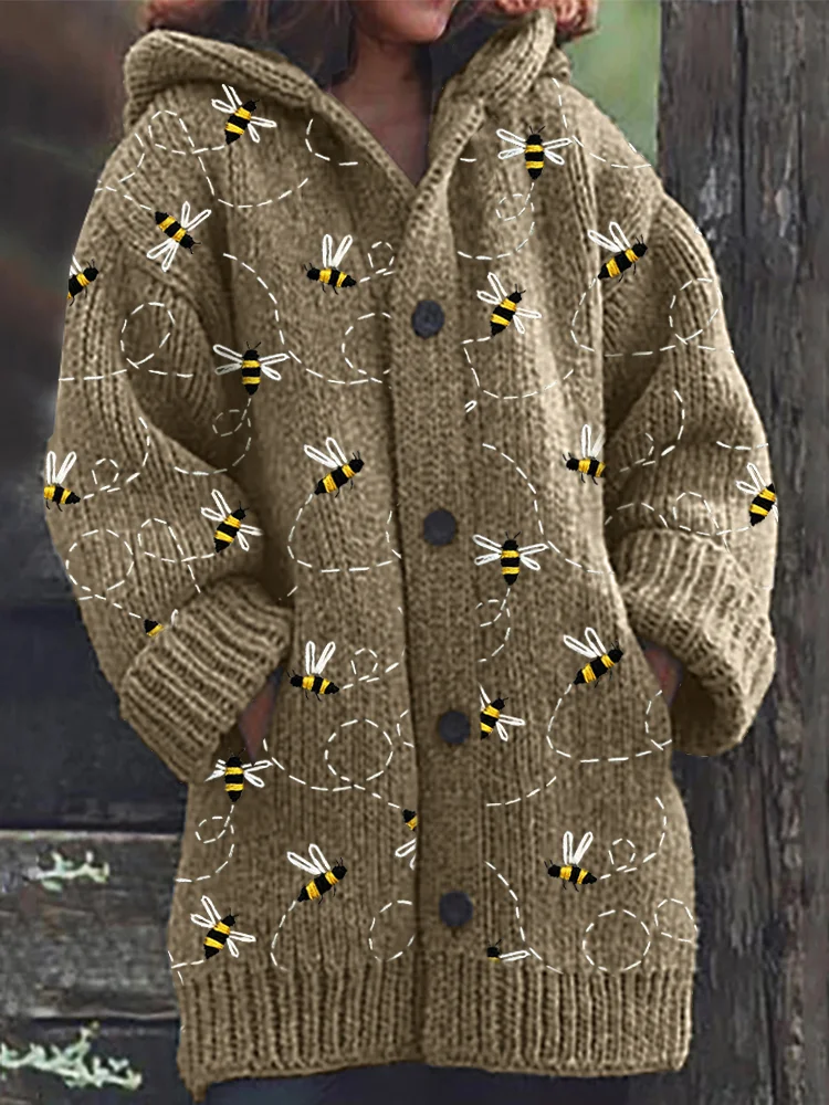 VChics Flying Bees Embroidery Pattern Cozy Knit Hooded Cardigan
