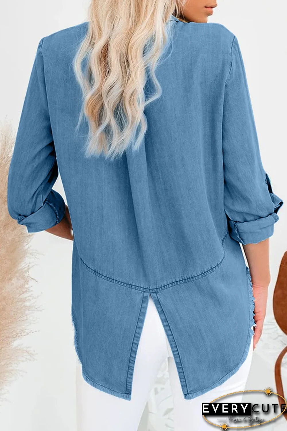 Roll up Long Sleeves Frayed Hem Denim Shirt