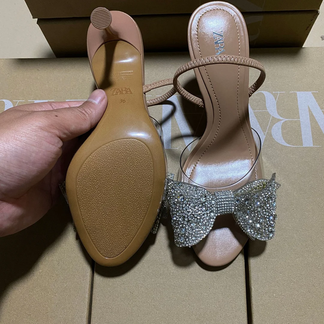 Breakj Breakj Summer New Women's Shoes Beige Water Drill Bows Fine High Heel Sandals Tip-Out Fashion Sandals