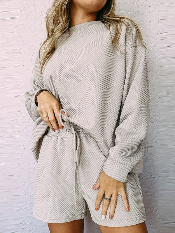 Solid Color Long Sleeves Loose Round-Neck Sweatshirt Top + Drawstring Shorts Bottom Two Pieces Set
