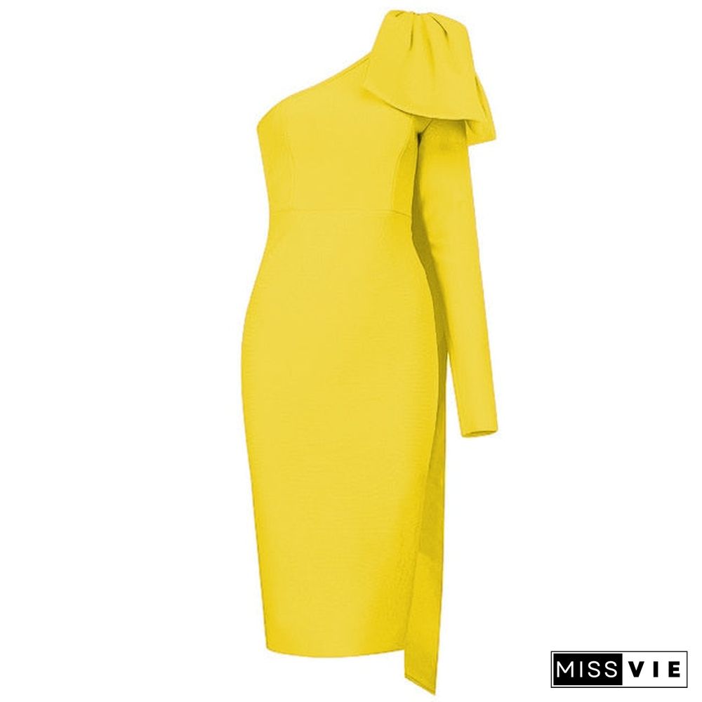 Summer New Women's Fashion Sexy One-shoulder Long-sleeved Bow Elegant Celebrity Bandage Dress Bodyon Midi Dress Vestidos