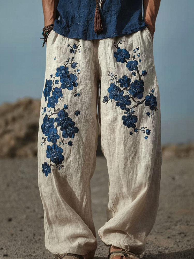 Men's Japanese Blue Plum Blossom Art Vintage Linen Pants  artssus