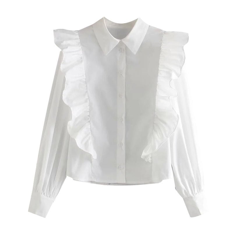 TRAF Women Fashion With Ruffle Trim Blouses Vintage Long Sleeve Button-up Female Shirts Blusas Chic Tops