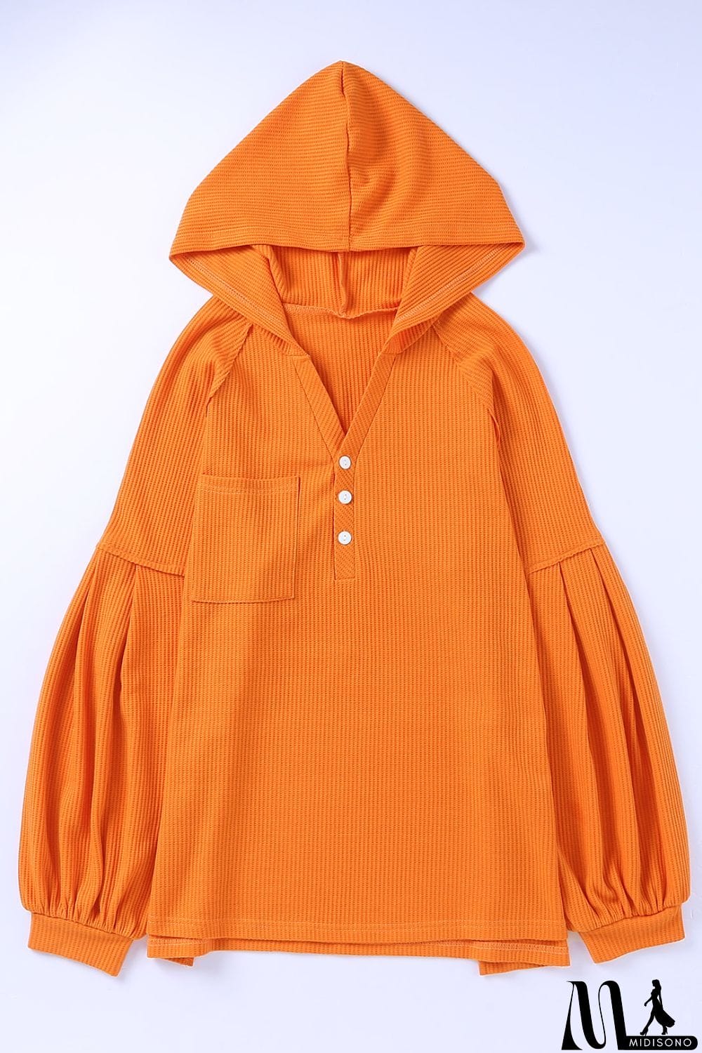MidiSono - Puff Sleeve Side Slit Buttoned Waffle Knit Hoodie