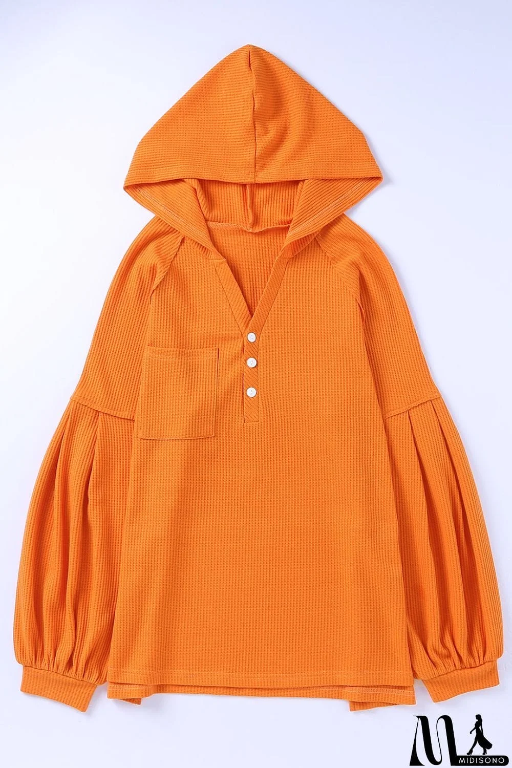 MidiSono - Puff Sleeve Side Slit Buttoned Waffle Knit Hoodie