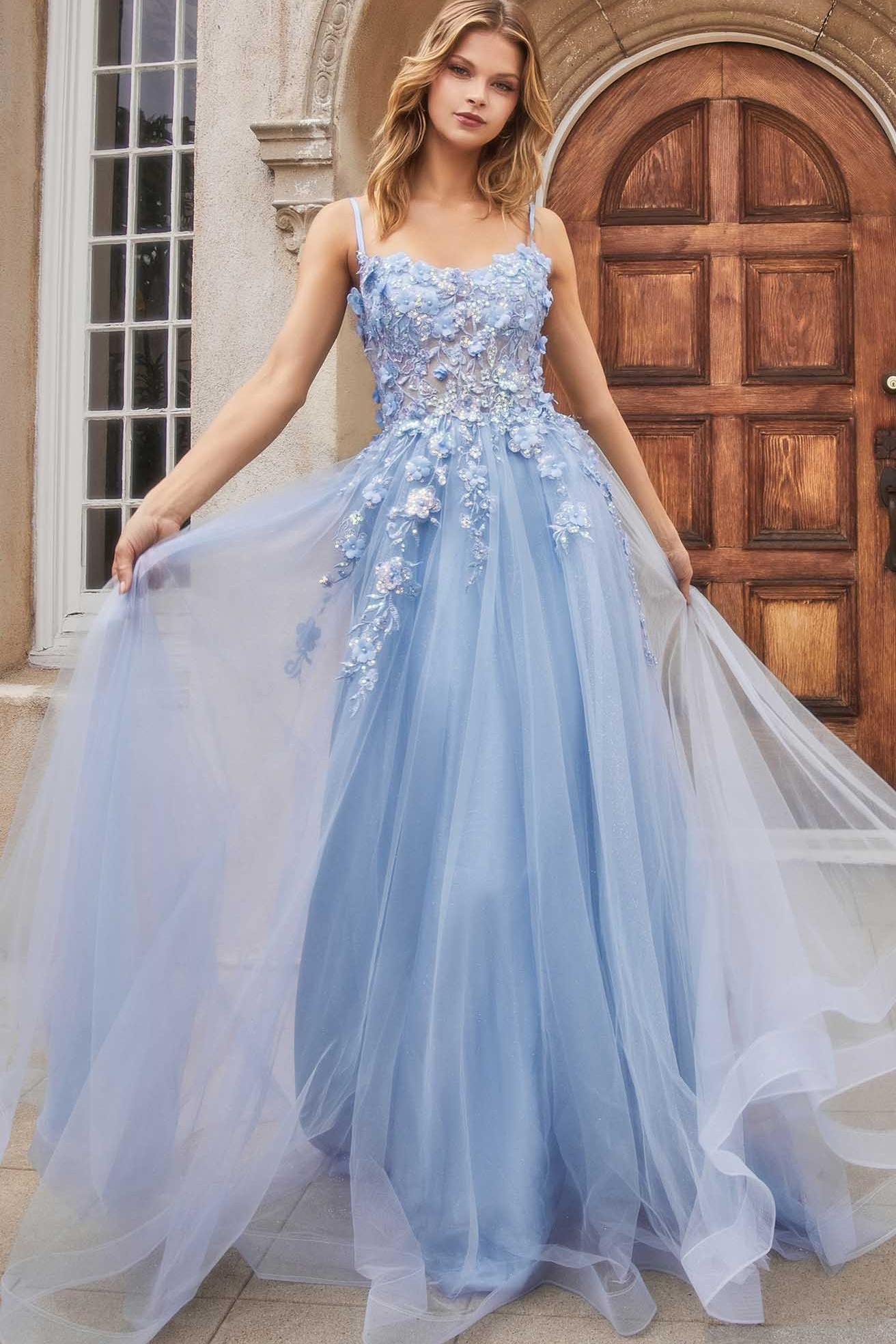 Ovlias Exquisite Sky Blue Spaghetti Strap Applique Beaded Tulle Evening Dress LY0700
