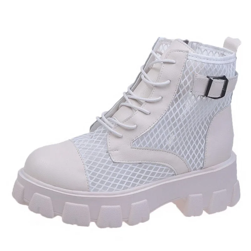 Classic Women Thick Bottom Black Mesh Summer Boots Round Toe Zipper Lace Up Platform Shoes Woman High Heels Ankle Botas