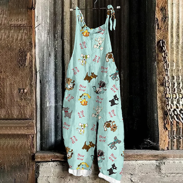 Vintage Retro Dog And Doggies Bow Wow Print Loose Jumpsuit