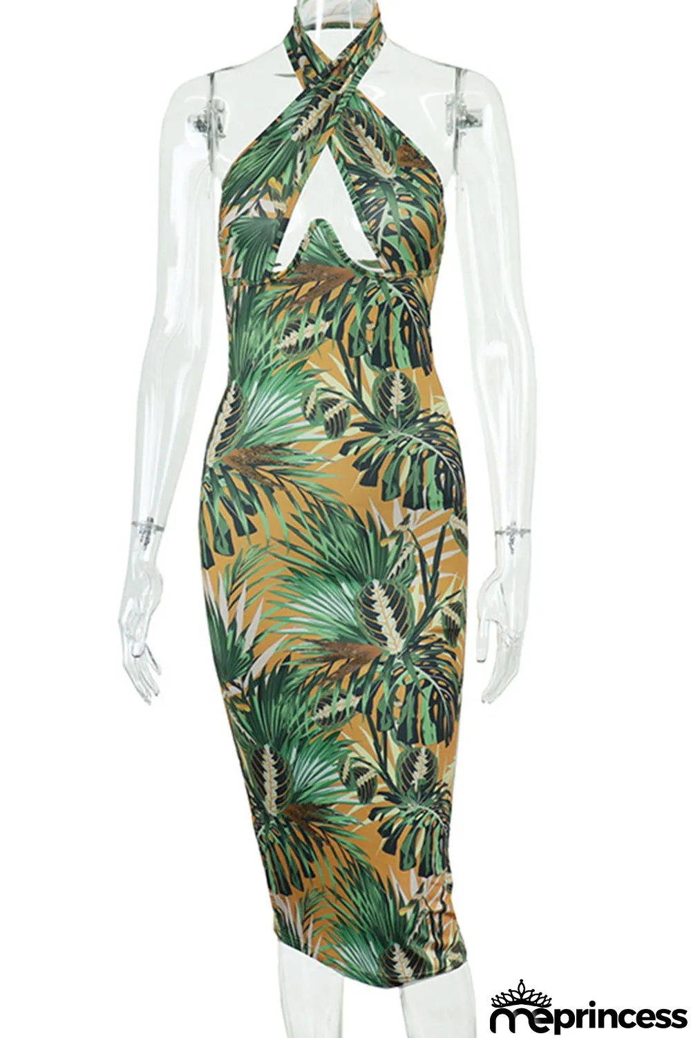 Green Sexy Print Hollowed Out Split Joint Backless Halter Pencil Skirt Dresses