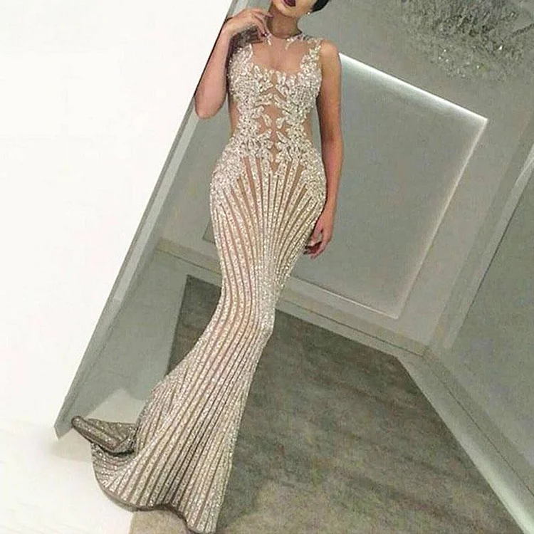Fashion Women's Sexy Gold Plated Sleeveless Prom Evening Dress