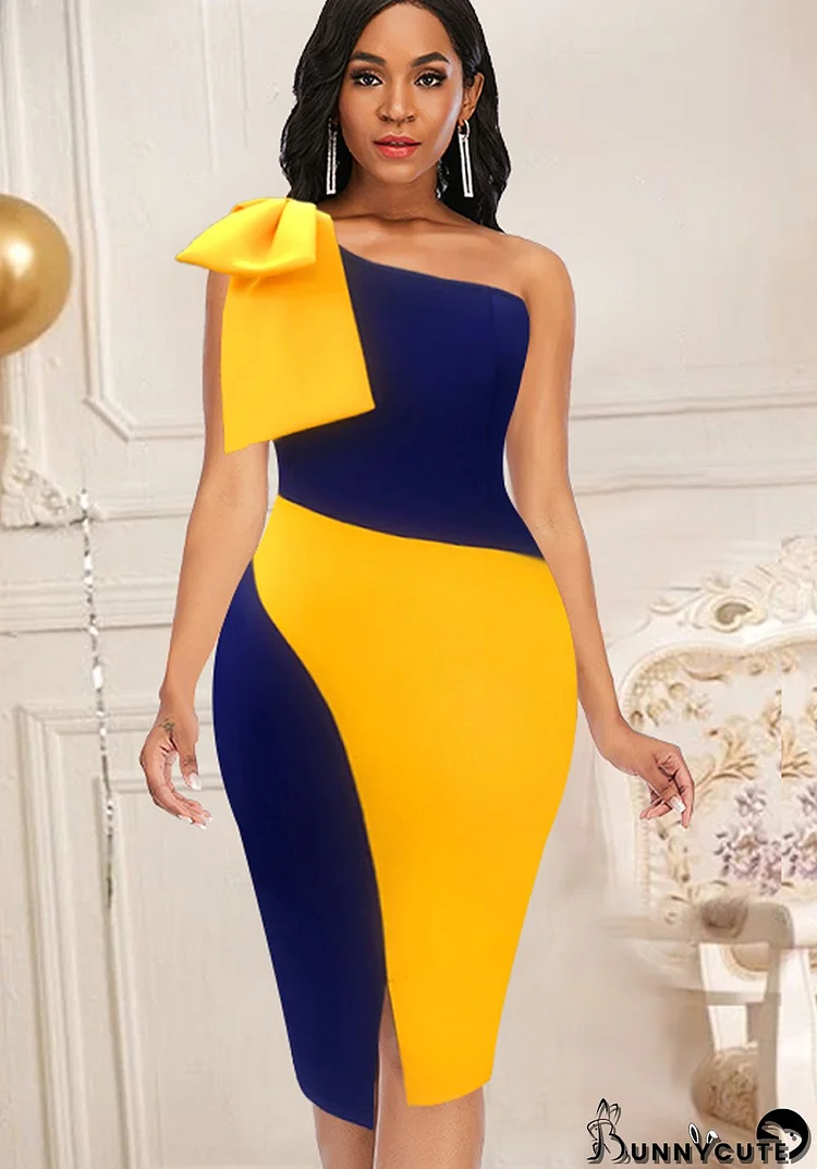 Women Summer Yellow Casual Slash Neck Sleeveless Color Blocking Slit Midi Pencil Plus Size Long Dress