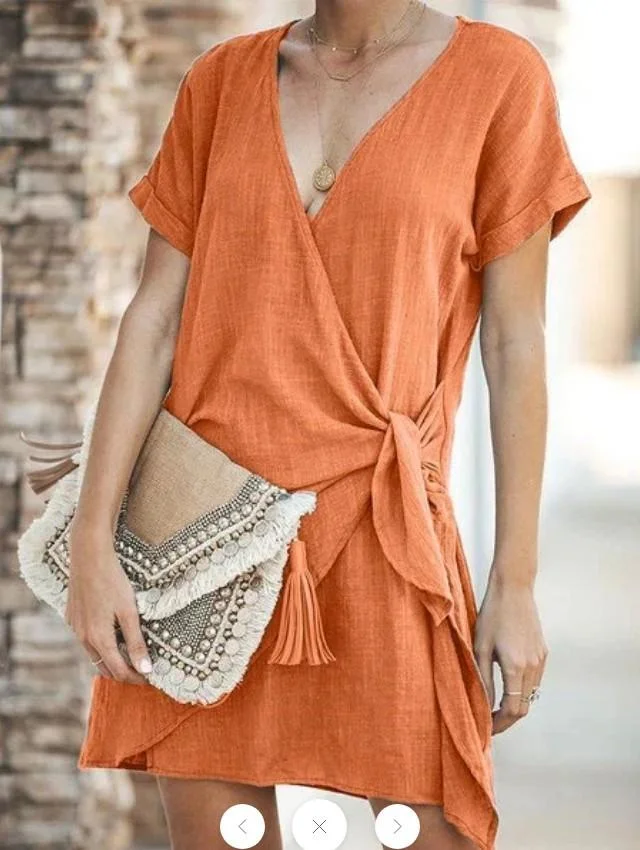Cotton&linen V-neck Lace-up Short Sleeved Dress With Shoulder Sleeves