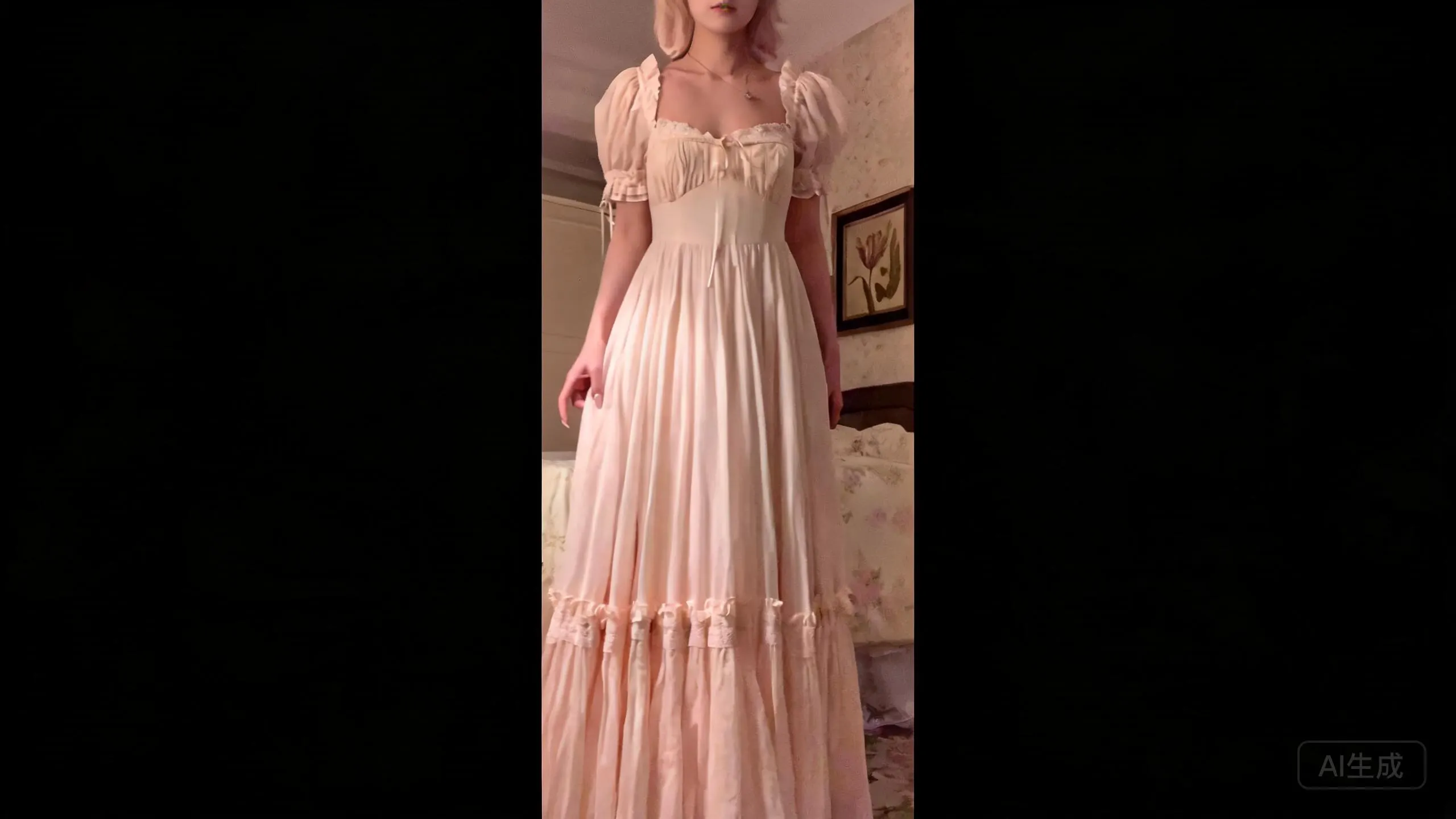 Blush pink lace-trim prairie maxi dress with square neckline, puff sleeves and ruched bodice, front view on a Regency romance model
