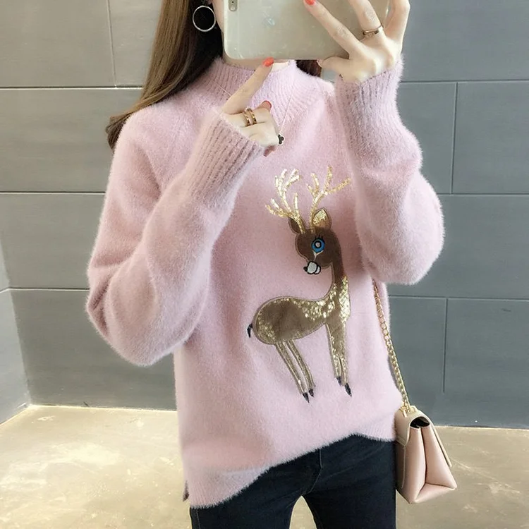 Embroidered Knitted Cartoon Long Sleeve Sweater QueenFunky