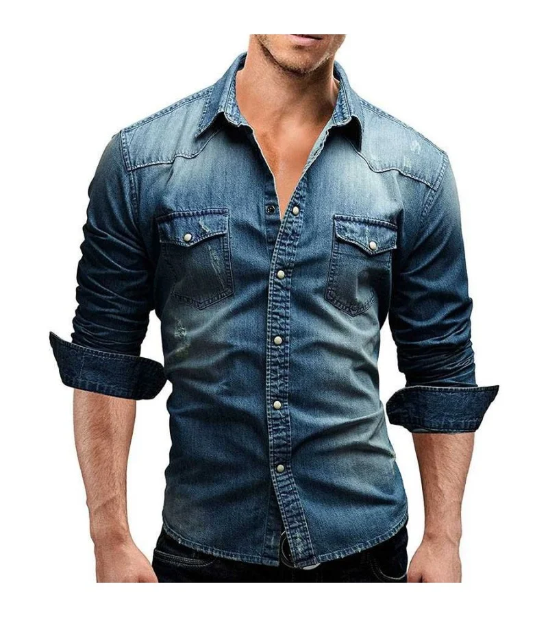 Men Lapel Double Pockets Design Casual Denim Shirts M-3XL