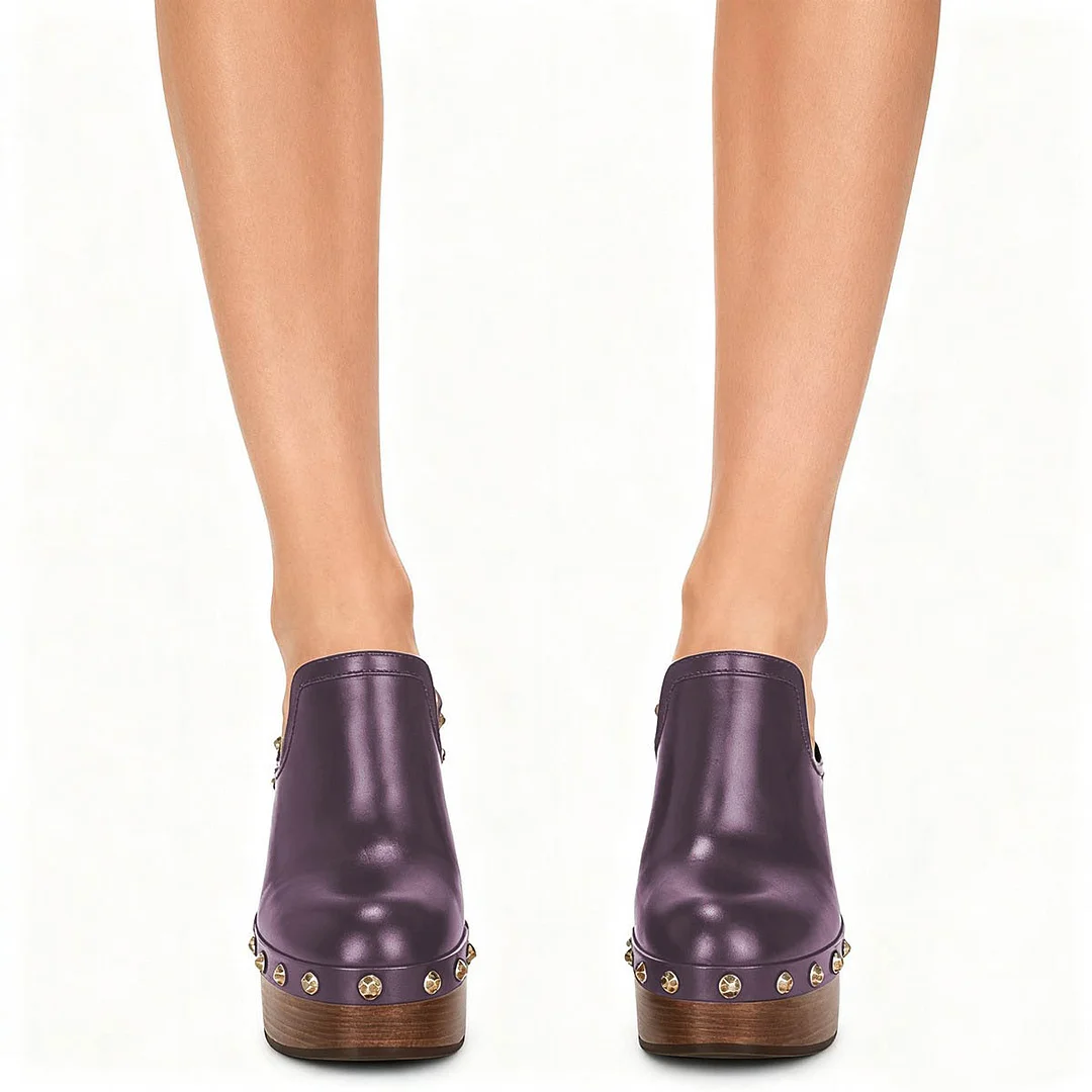Purple Closed Toe Casual Chunky High Heel Studded Platform Mules
