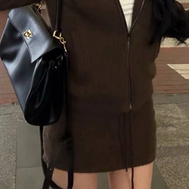 Mini / Zip-Up Hoodie Waist Fluffy Drawstring Trim Skirt Knit Pencil Plain