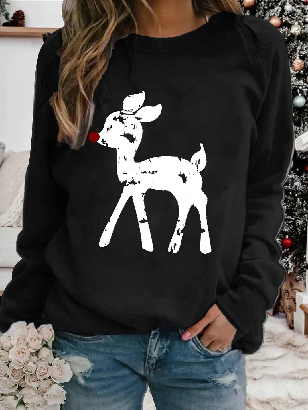 Reindeer Print Christmas Long Sleeve Sweatshirt