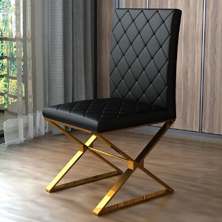 Homemys Modern Upholstered Black PU Leather Dining Chair Set of 2 Stainless Steel Leg Gold
