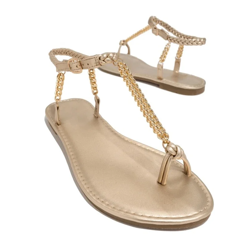 Summer Sexy Luxury Women Sandals Chain Solid Leather Ankle Buckle Strap Flat Heel Ring Toe Flip Flops Fashion Ladies Shoes 2021