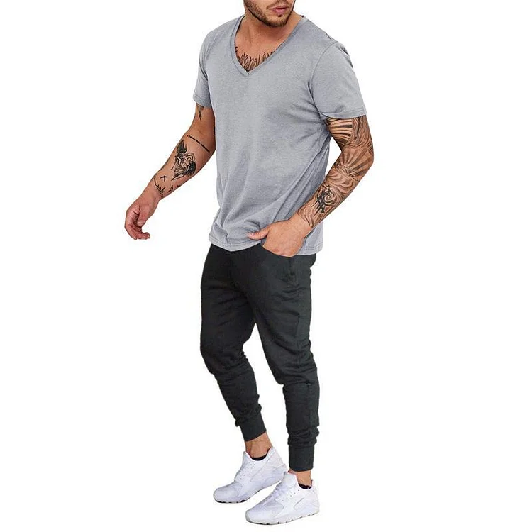 BrosWear Basic Casual Solid Color V Neck T-Shirt And Pants Co-Ord