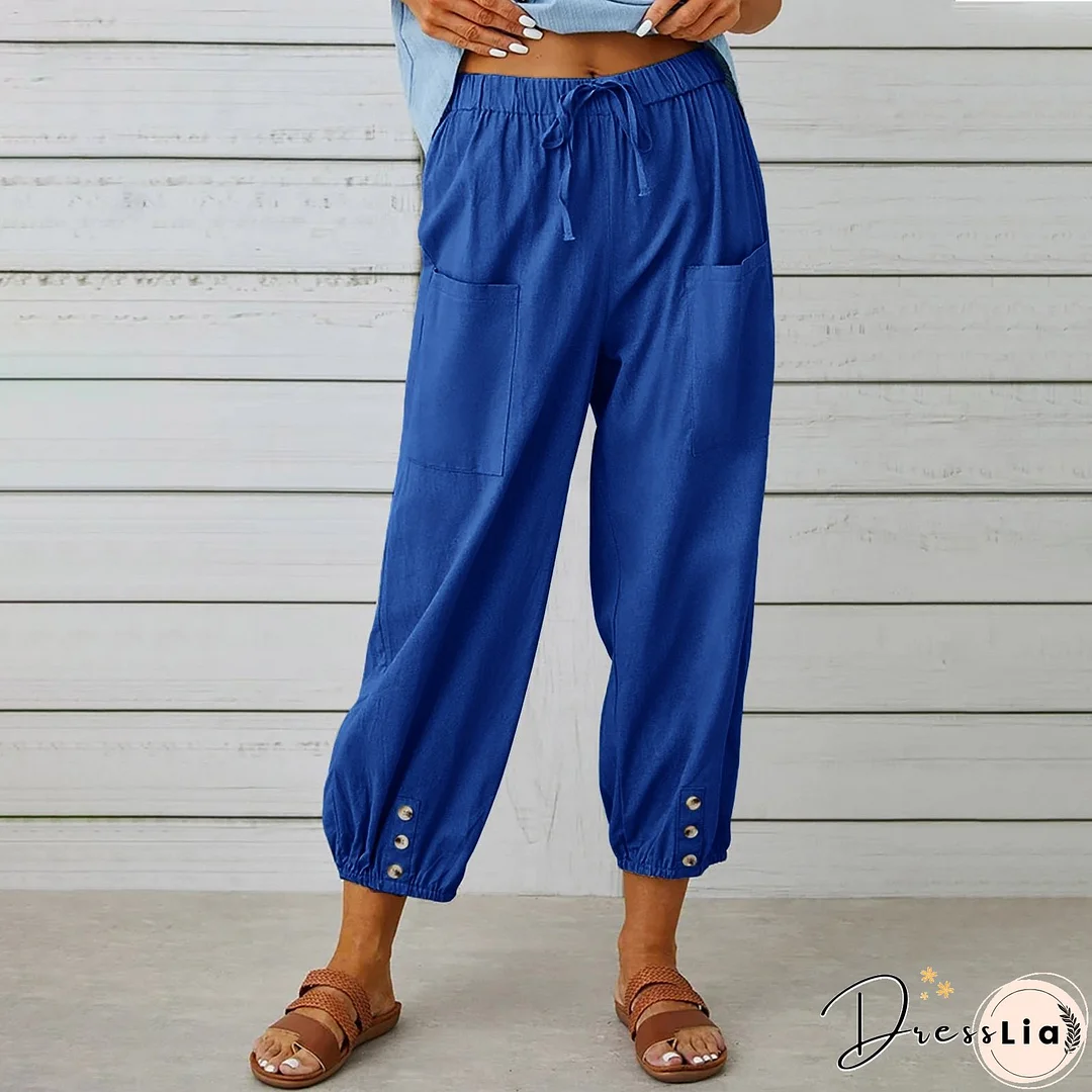 Women's High Waist Button Cotton Linen Trousers Pants