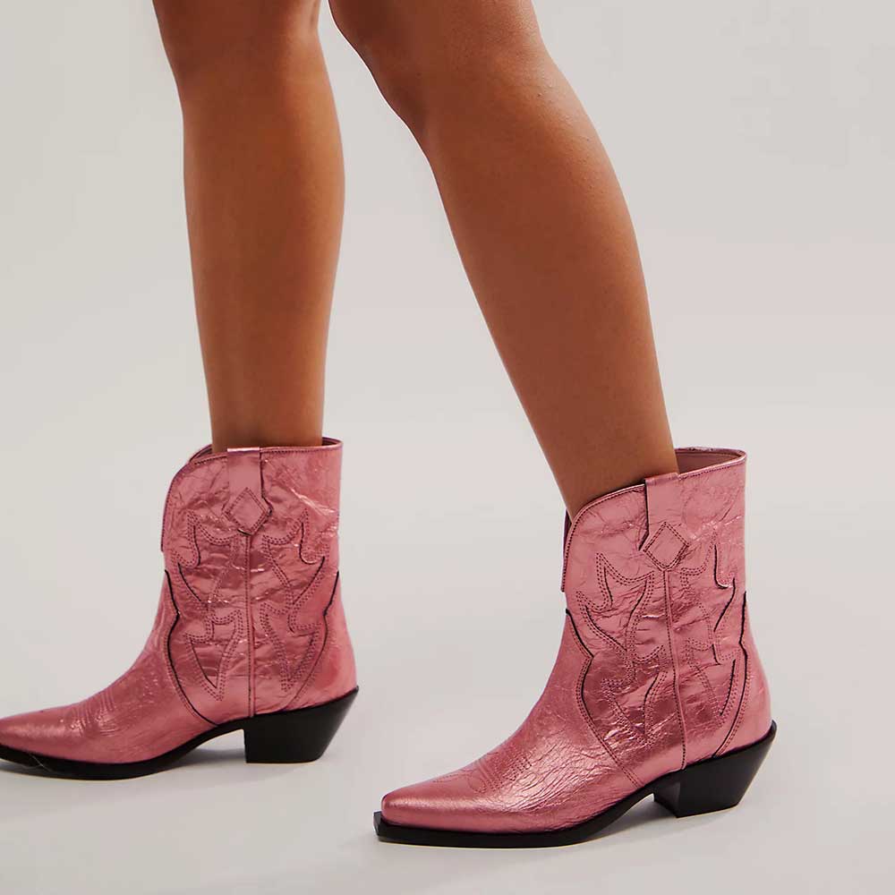 Pink Distressed Embroidered Wide-Calf Cowgirl Ankle Boots