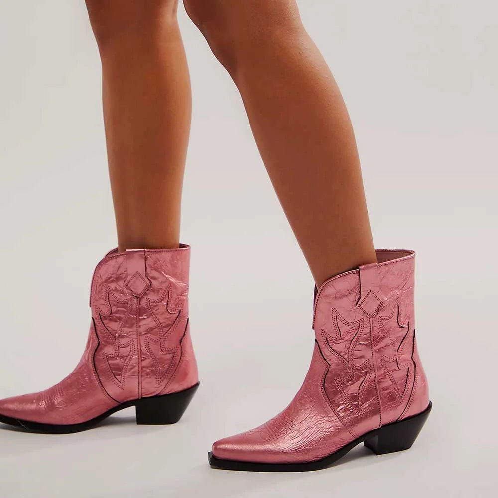 Pink Distressed Embroidered Wide-Calf Cowgirl Ankle Boots Nicepairs