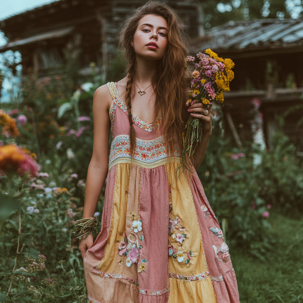 Women's Retro Ethnic Floral Art Stitching V-neck Dress