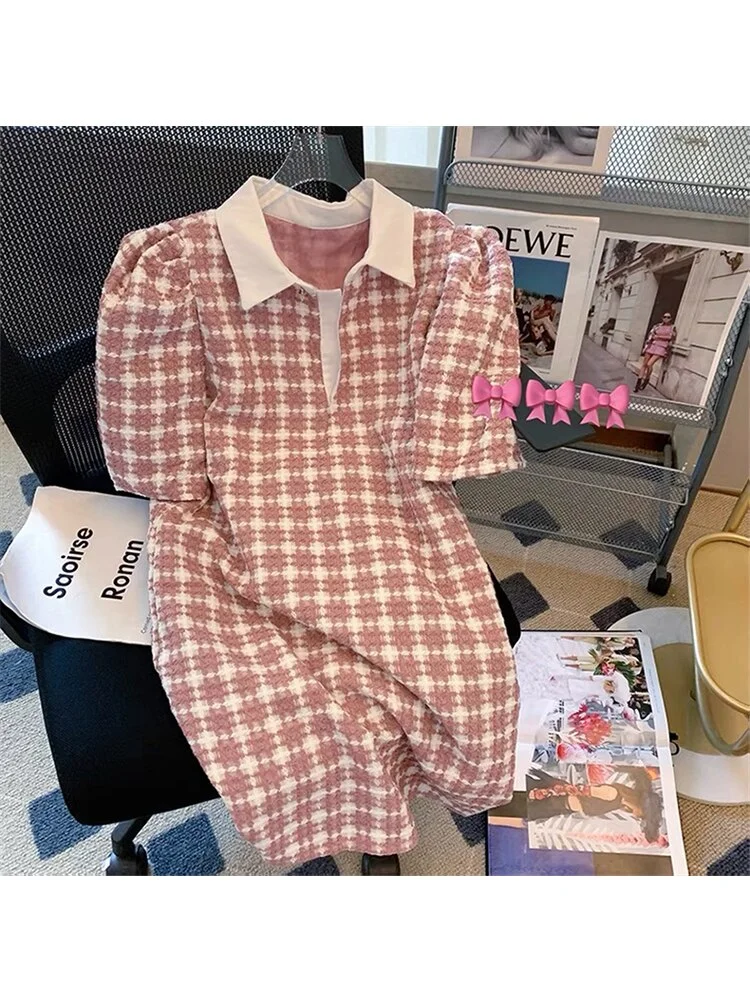 Lattice Pattern Mini Dress For Women Korean Fashion Pink Short Sleeve Polo Cute Sweet Vestidos Casual  Preppy Style A Line Dress