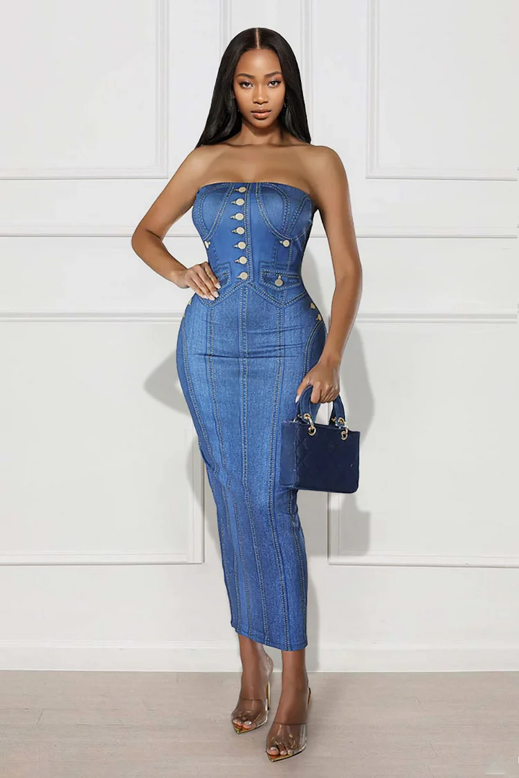 Strapless Button Up Quilted Bodycon Semi-Formal Party Denim Print Midi Dresses-Blue