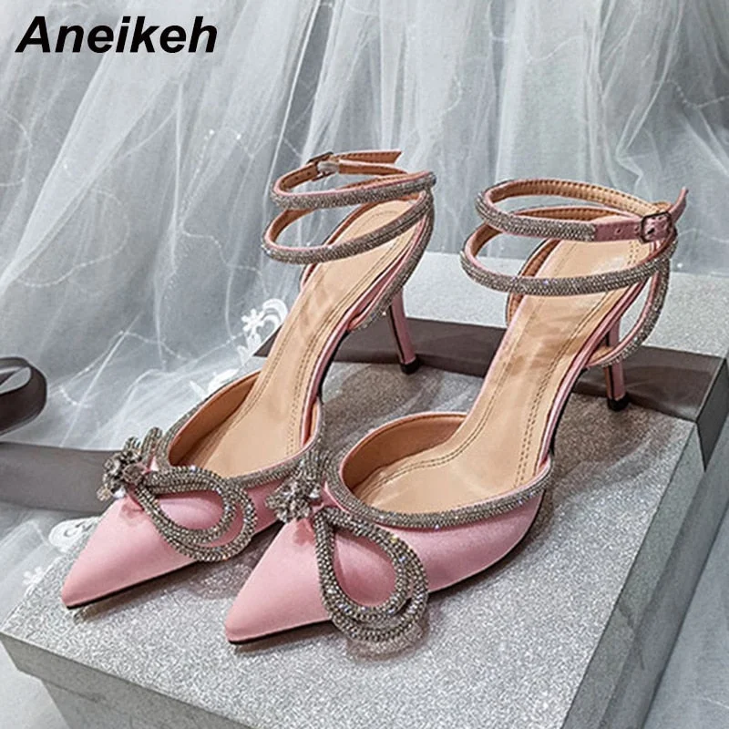 Aneikeh Spring/Autumn 2022 Women's Shoes Fashion Butterfly-Knot Narrow Band Bling Patchwork Cross-Tied Crystal Pointed Toe Pumps