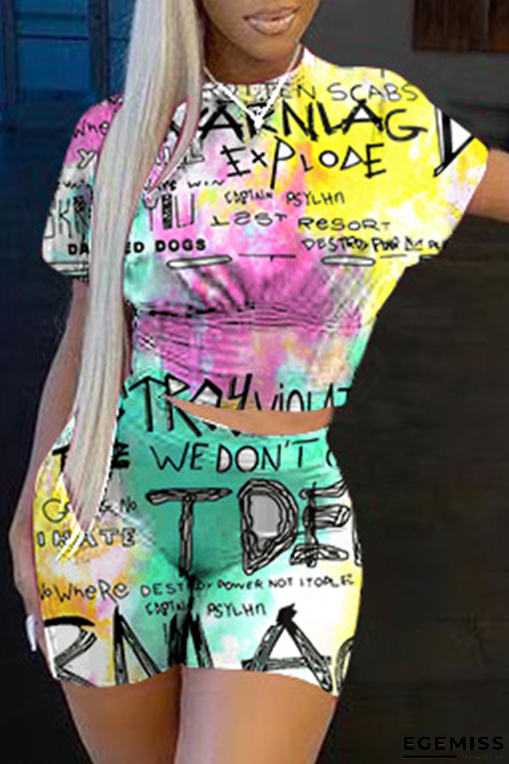 Yellow Casual Print Patchwork O Neck Short Sleeve Two Pieces | EGEMISS