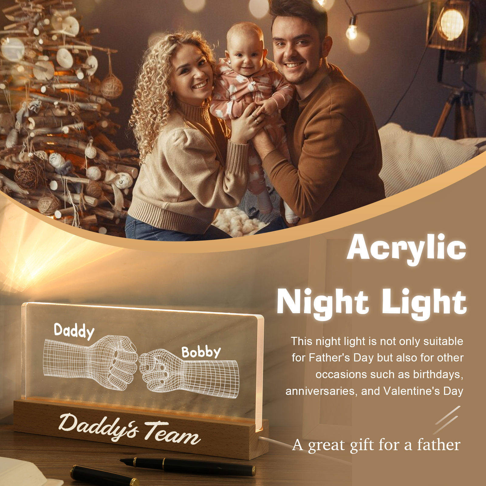 2 Names Personalised Fist Bump Pattern Night Light Custom Text LED Light Father's Day Gift for Dad