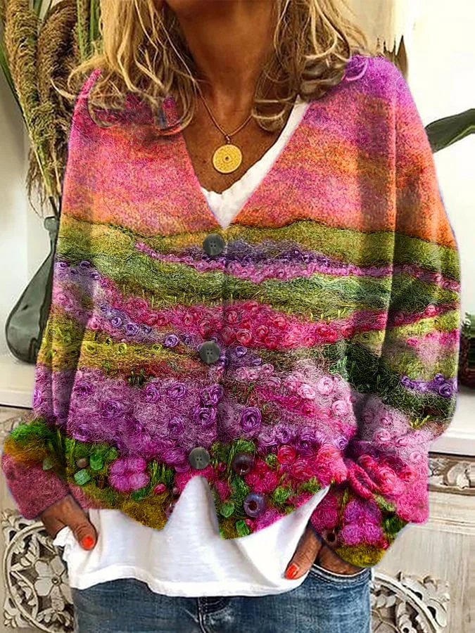 Women's Knitted Floral Print Plush Cardigan
