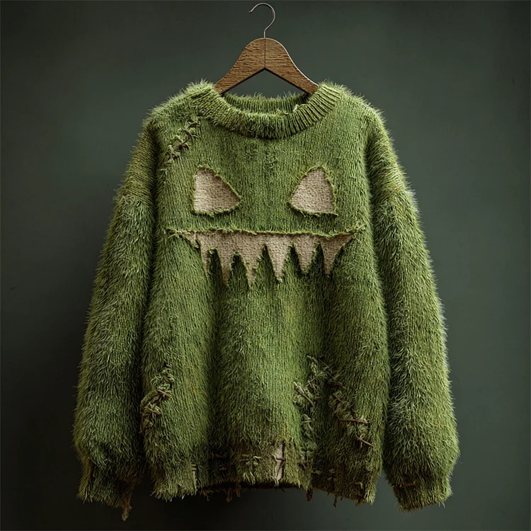 Halloween Spooky Face Stitched Fuzzy Knit Sweater