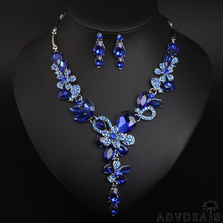 Women Fashion Exaggerated Rhinestone Floral Necklace Earrings Set