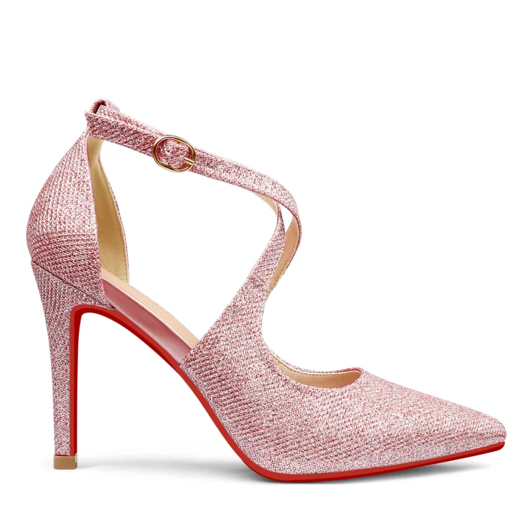 95mm Women's Pointed Toe Cross Strap Heels Red Bottoms Pumps Shoes Glitter VOCOSI VOCOSI